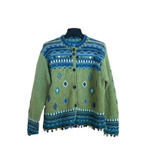 Newari Icelandic Design Wool Cardigan Sweater Vintage Nepal Handcrafted L/XL